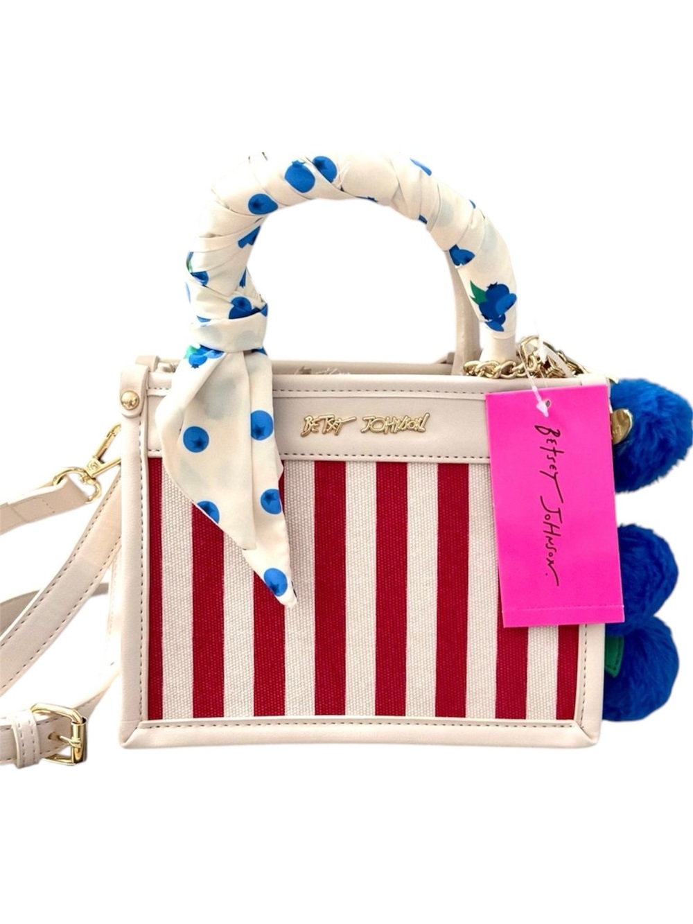 Betsey Johnson Blueberry Satchel Crossbody Bag NWT with Red Stripes & Bag Scarf - Picture 4 of 4